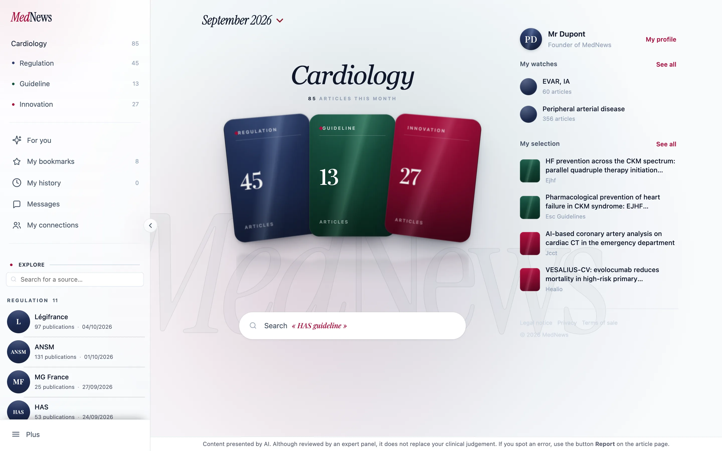 The MedNews portal on a computer: navigation and sources on the left, the specialty's three cards in the centre, watches and selection on the right