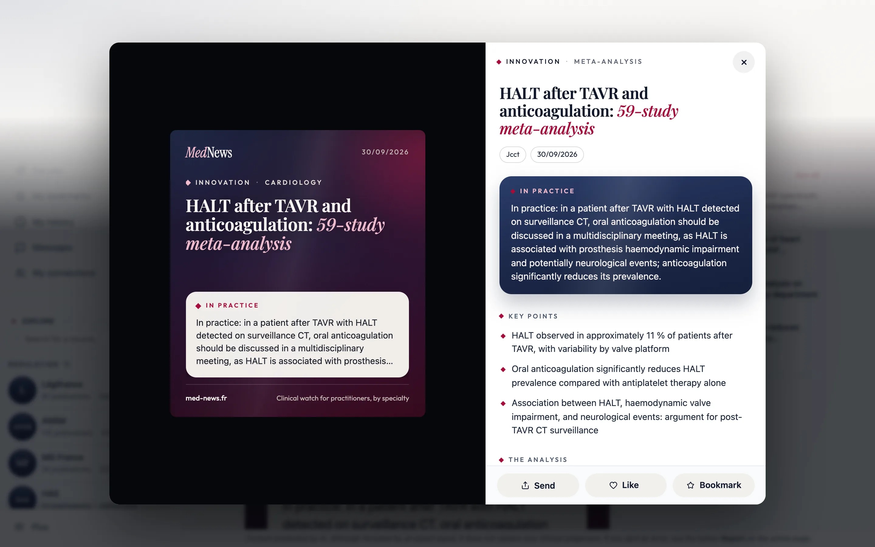 An article opened on a computer: the article tile on the left, the analysis, key points and link to the document on the right, the feed untouched behind