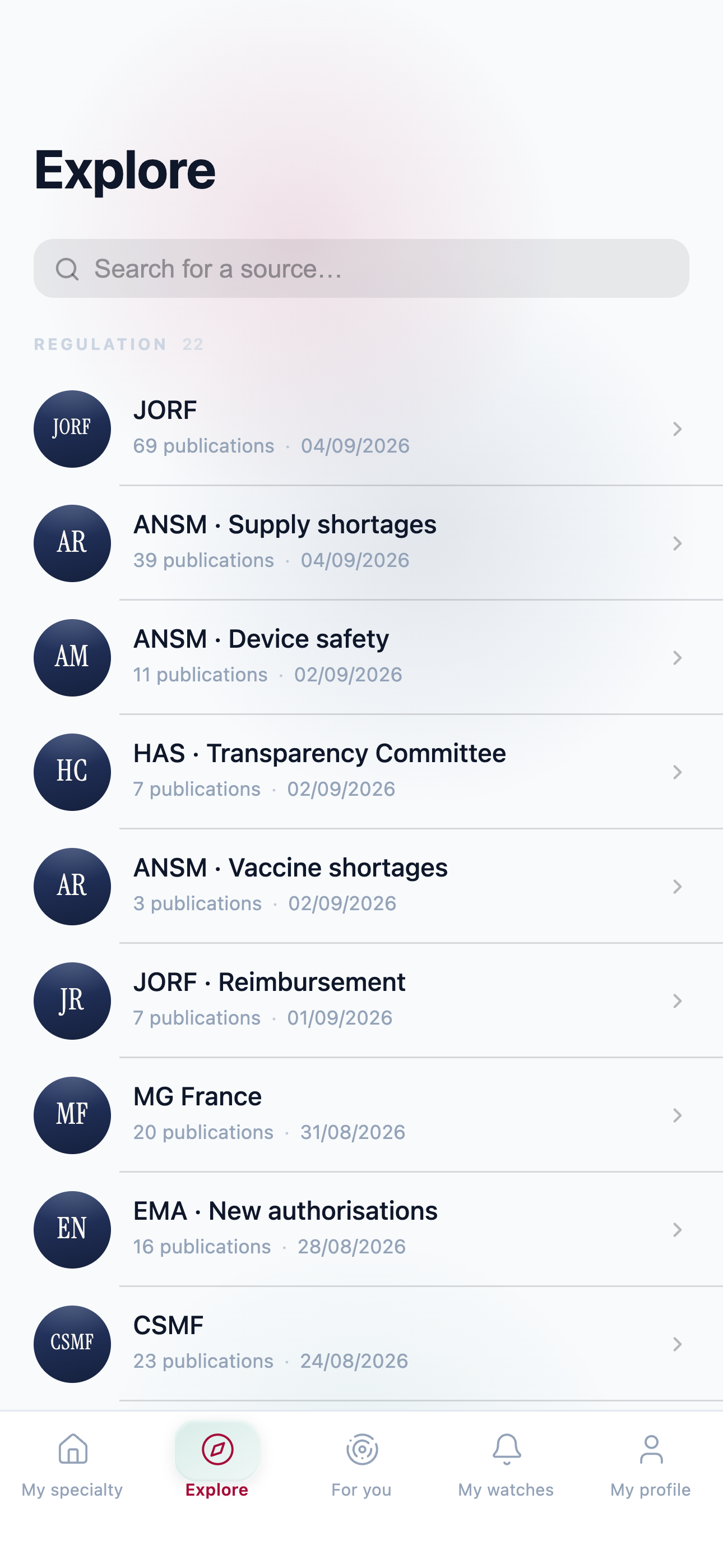 Explore: the list of followed sources, how many publications each has, and when it last appeared