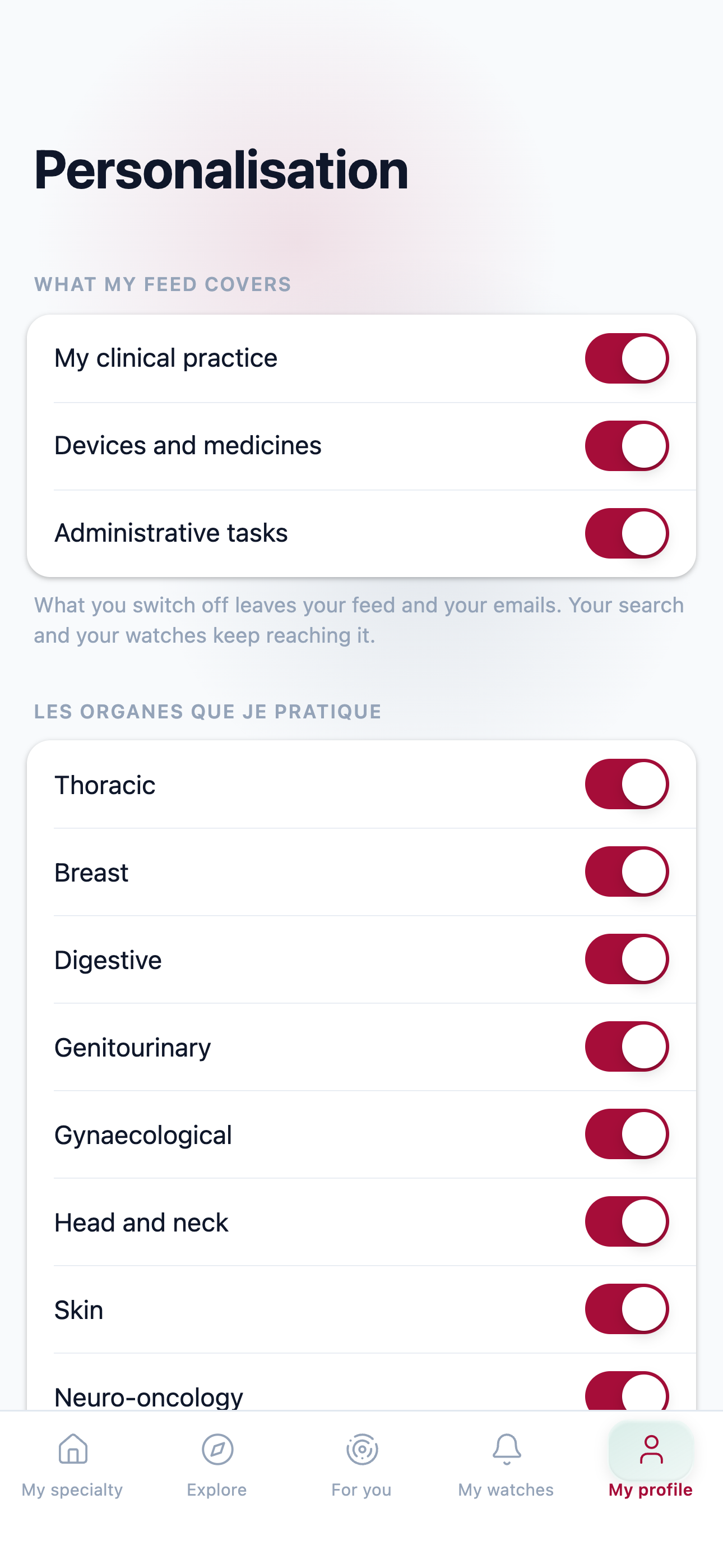 Personalisation: the sub-categories and areas of the specialty, to tick or untick