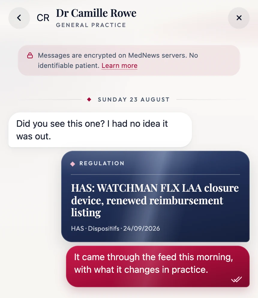 A MedNews message thread: a regulatory text shared with a connection, and two messages exchanged about it
