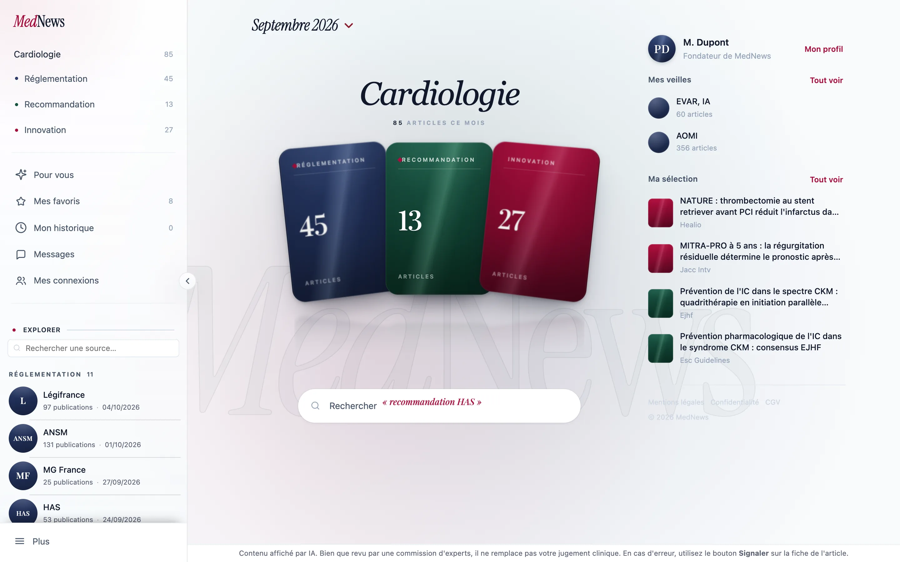 Le portail MedNews sur ordinateur : la navigation et les sources à gauche, les trois cartes de la spécialité au centre, les veilles et la sélection à droite