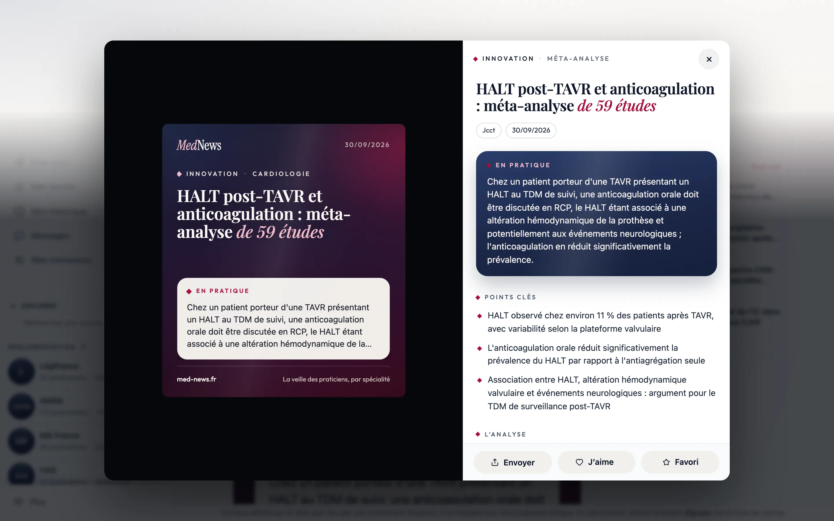 Un article ouvert sur ordinateur : la tuile de l'article à gauche, l'analyse, les points clés et le lien vers le document à droite, le fil intact derrière