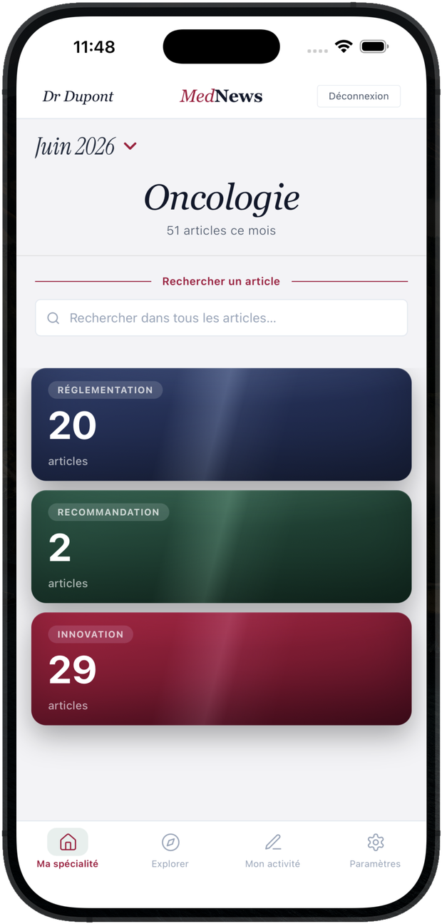 Portail MedNews sur téléphone — réglementation, recommandations et innovations filtrées par spécialité