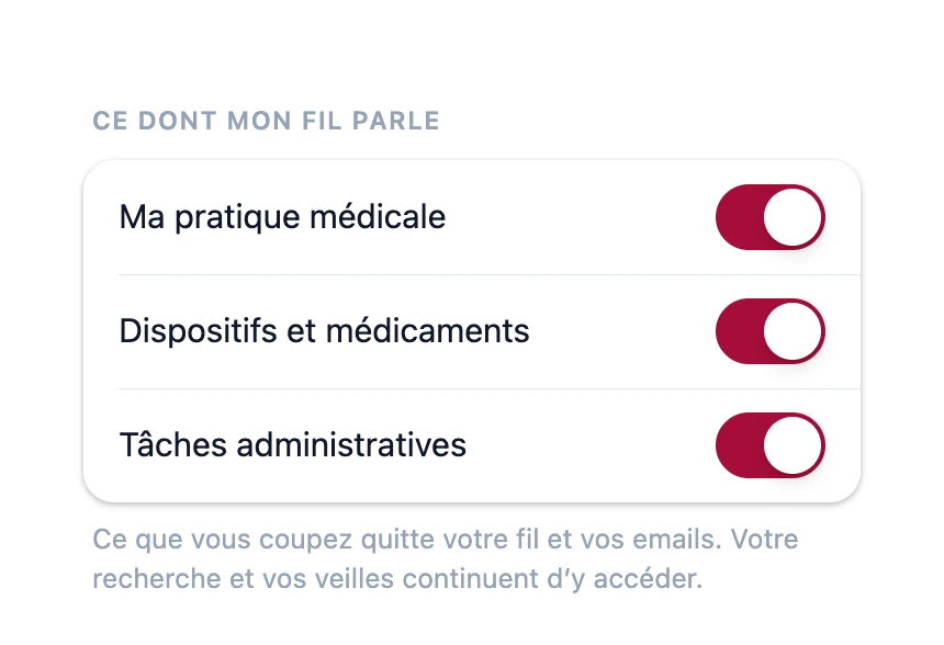 Réglage « Ce dont mon fil parle » : trois interrupteurs, pratique médicale, dispositifs et médicaments, tâches administratives