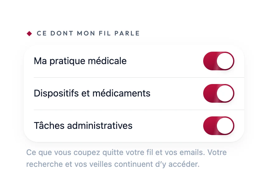 Réglage « Ce dont mon fil parle » : trois interrupteurs, pratique médicale, dispositifs et médicaments, tâches administratives